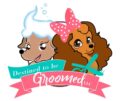 Cartoon logo of two dogs: one with soap suds on its head, the other with curly fur and a pink bow. Below them is a teal and pink banner reading Destined to be Groomed LLC with a comb and scissors.
